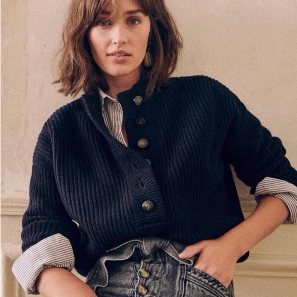 Sézane Lucas Navy Rib-Knit Button-Up Crew Sweater Medium